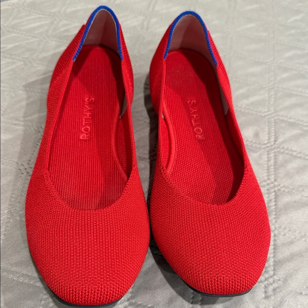 Rothy's Red Knit Flats with Blue Trim